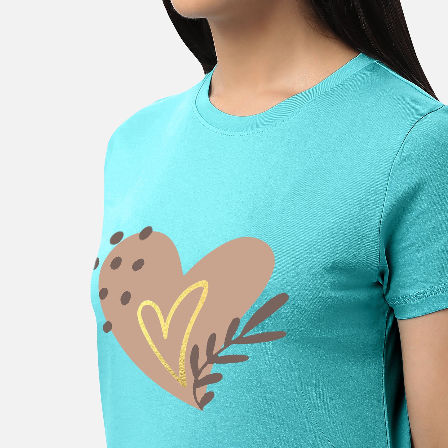 Casual womens aqua T-shirt adorned with a gold foil heart design, ideal for a fashionable and vibrant style, available online
