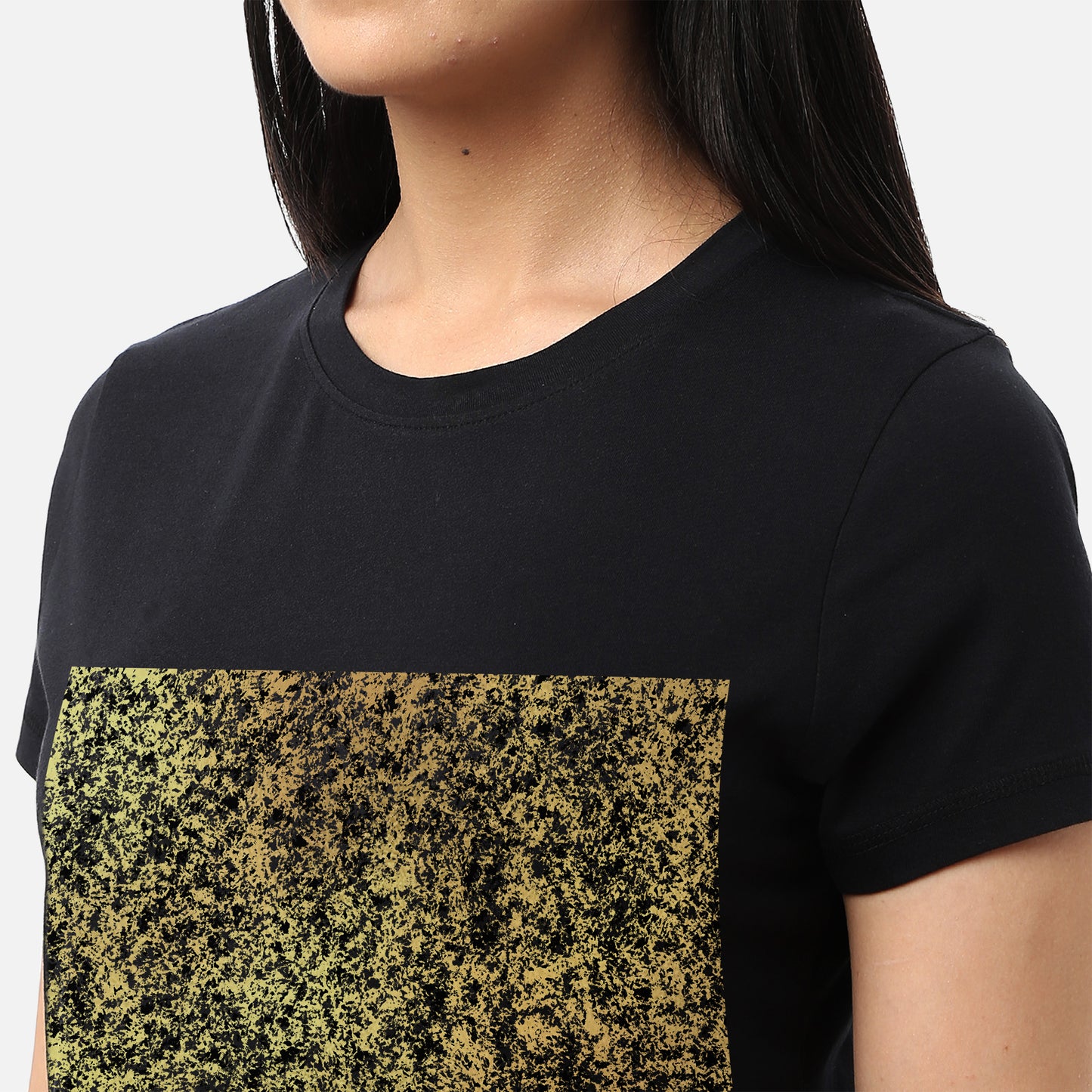 Casual womens aqua T-shirt adorned with a gold foil plash design, ideal for a fashionable and vibrant style, available online