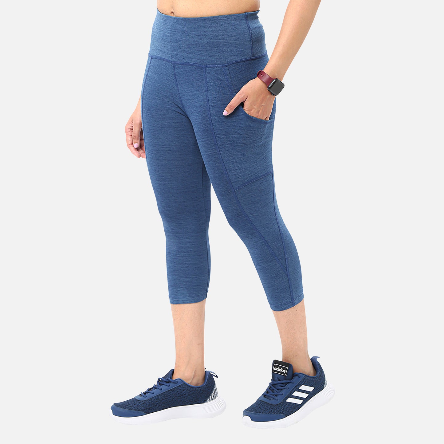 Casual womens knitted mid-blue denim yoga capris with pockets, perfect for adding functionality and style to your workout wardrobe, available online
