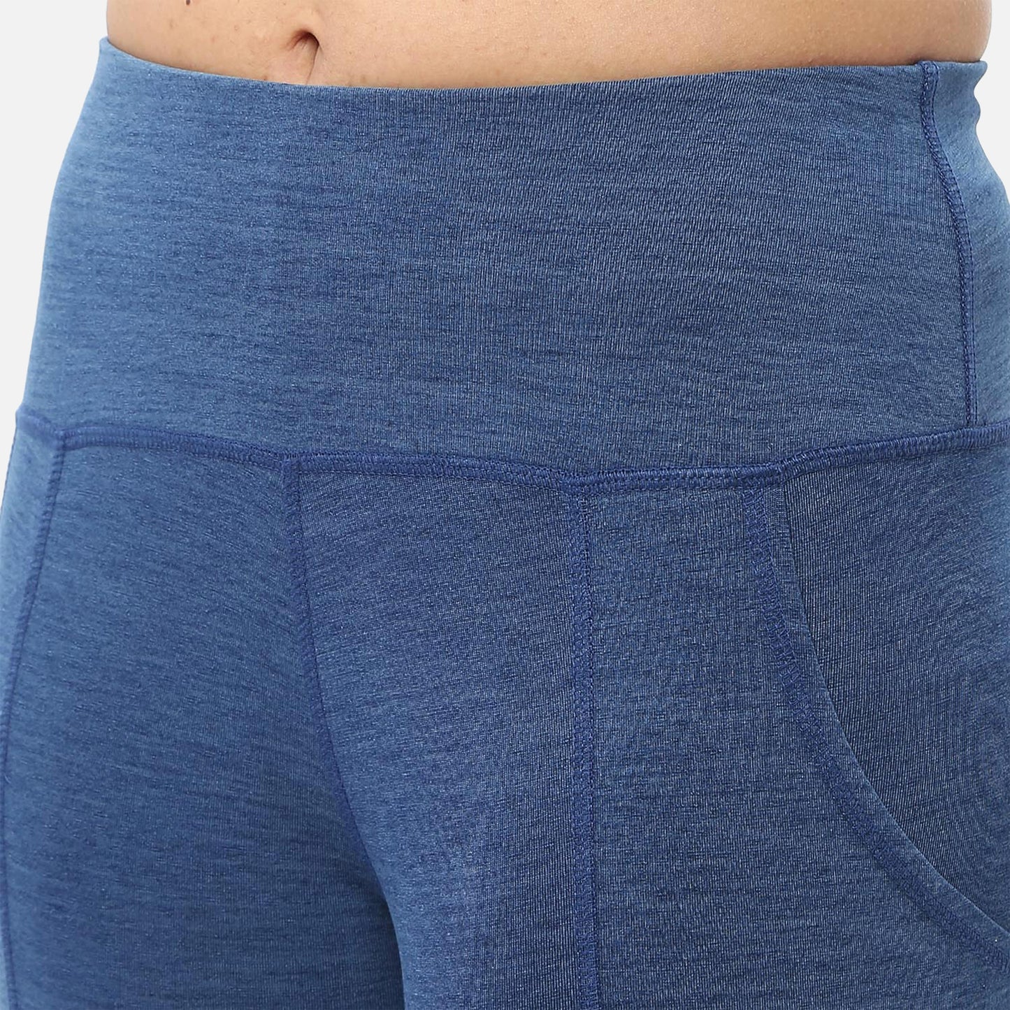 Casual womens knitted mid-blue denim yoga capris with pockets, perfect for adding functionality and style to your workout wardrobe, available online