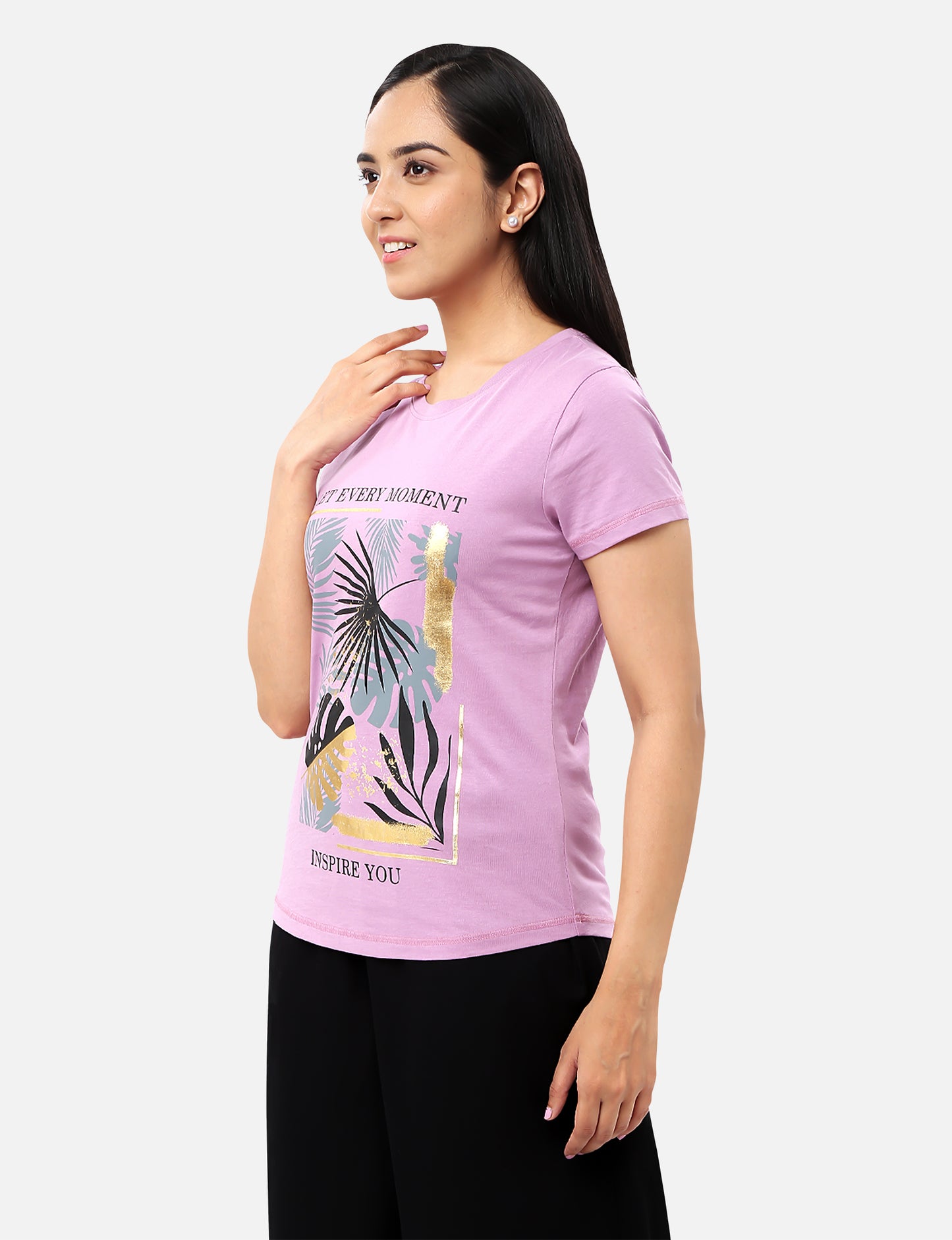 Shop womens T-shirts featuring tropical prints with gold foil accents, perfect for a stylish and eye-catching outfit, available online