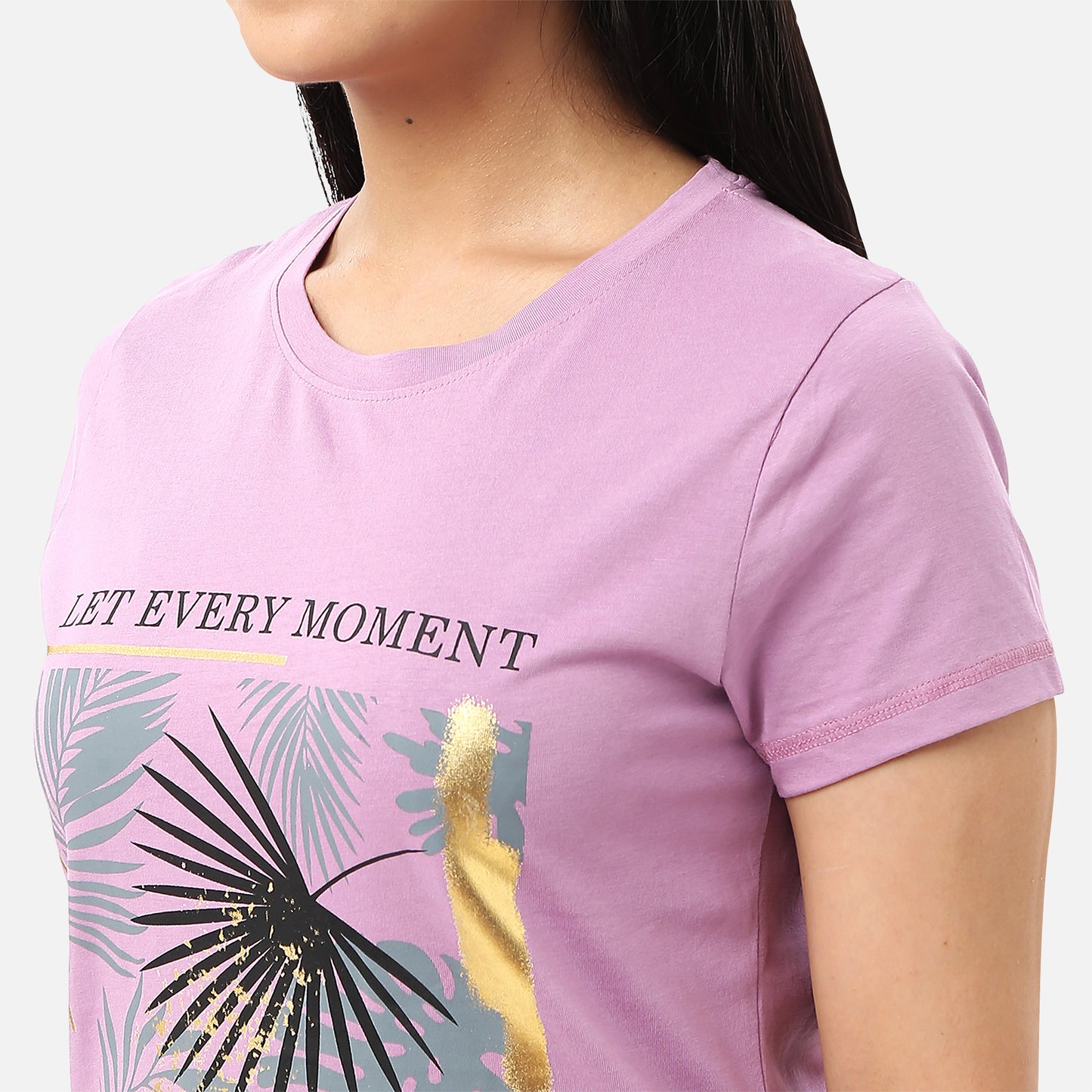 Shop womens T-shirts featuring tropical prints with gold foil accents, perfect for a stylish and eye-catching outfit, available online