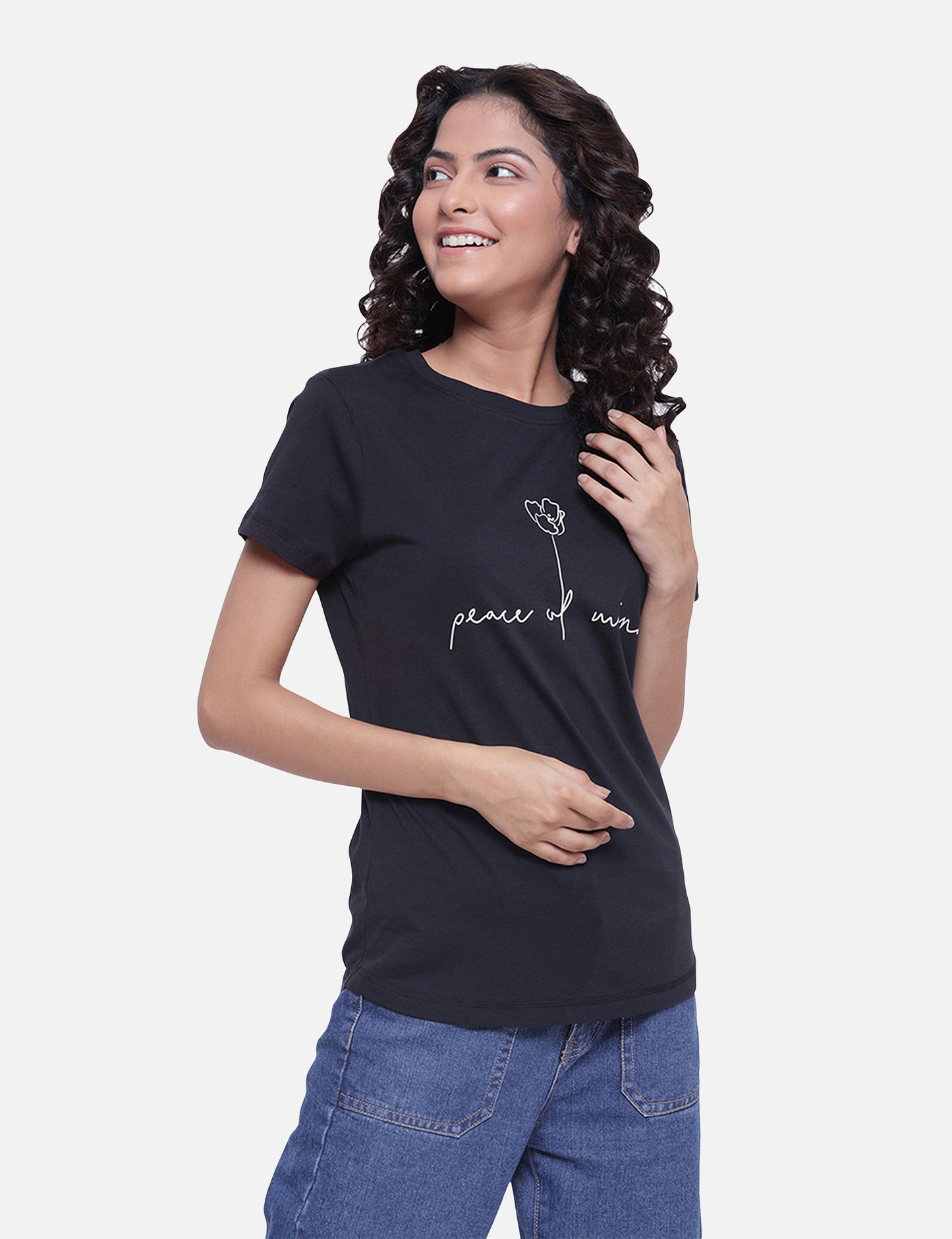 Women's black T-shirt with a bold white quote, perfect for a stylish and edgy look, available online