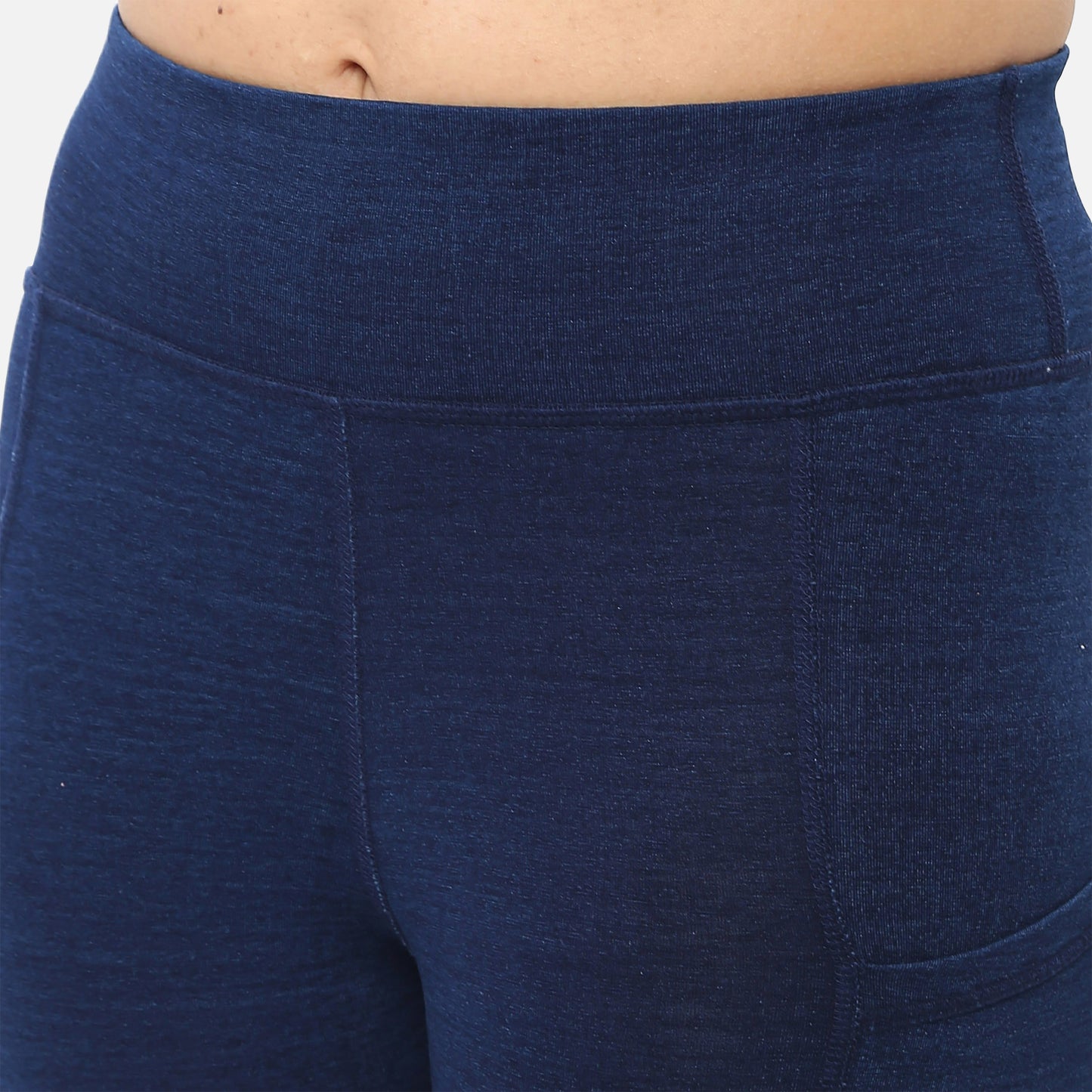 Womens knitted dark blue denim yoga jeggings with pockets, combining comfort with a chic and modern style, suitable for both exercise and casual wear, available online