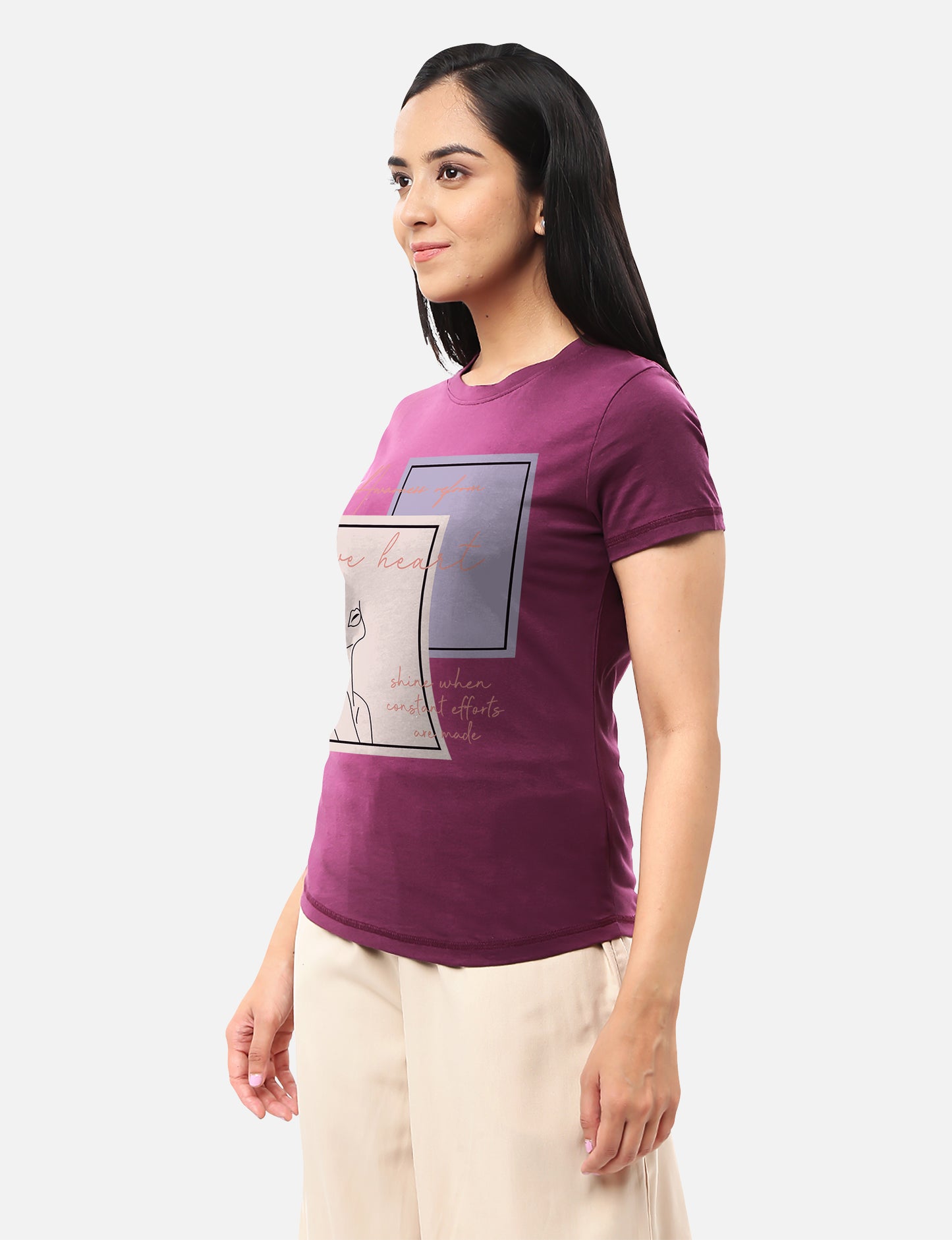 Womens purple T-shirt featuring a motivational quote, perfect for adding a touch of inspiration to your wardrobe, available online