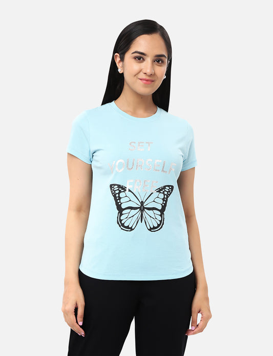 Aquva Blue  Cotton Printed T-shirts for Womens Shop Online