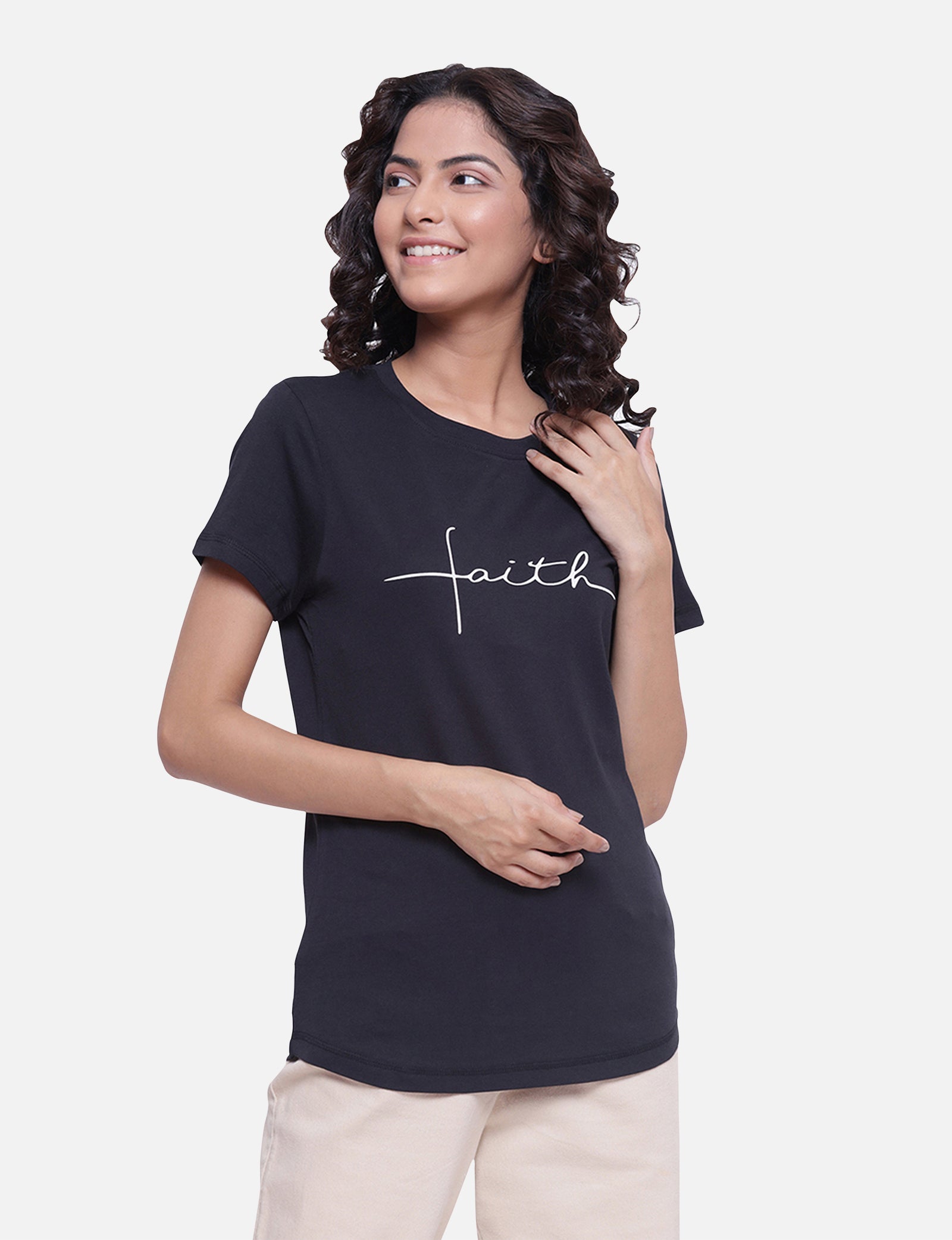 Buy T-shirts, Top, Casual women's black T-shirt with a catchy quote, offering a timeless and comfortable design, available online