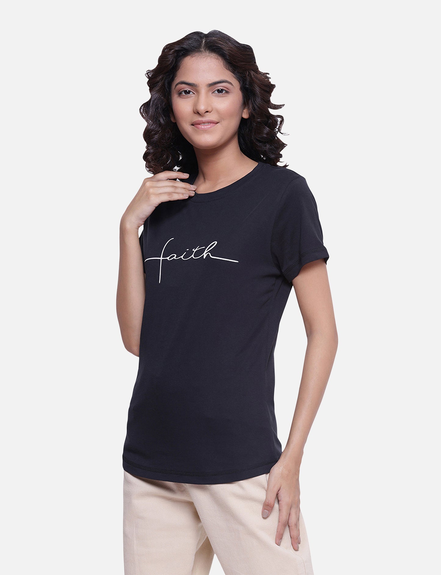 Buy T-shirts, Top, Casual women's black T-shirt with a catchy quote, offering a timeless and comfortable design, available online