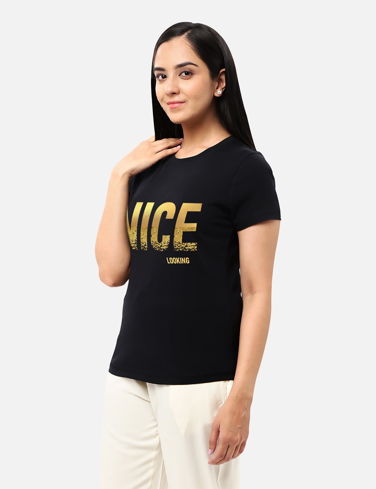 Casual womens aqua T-shirt adorned with a gold foil heart design, ideal for a fashionable and vibrant style, available online