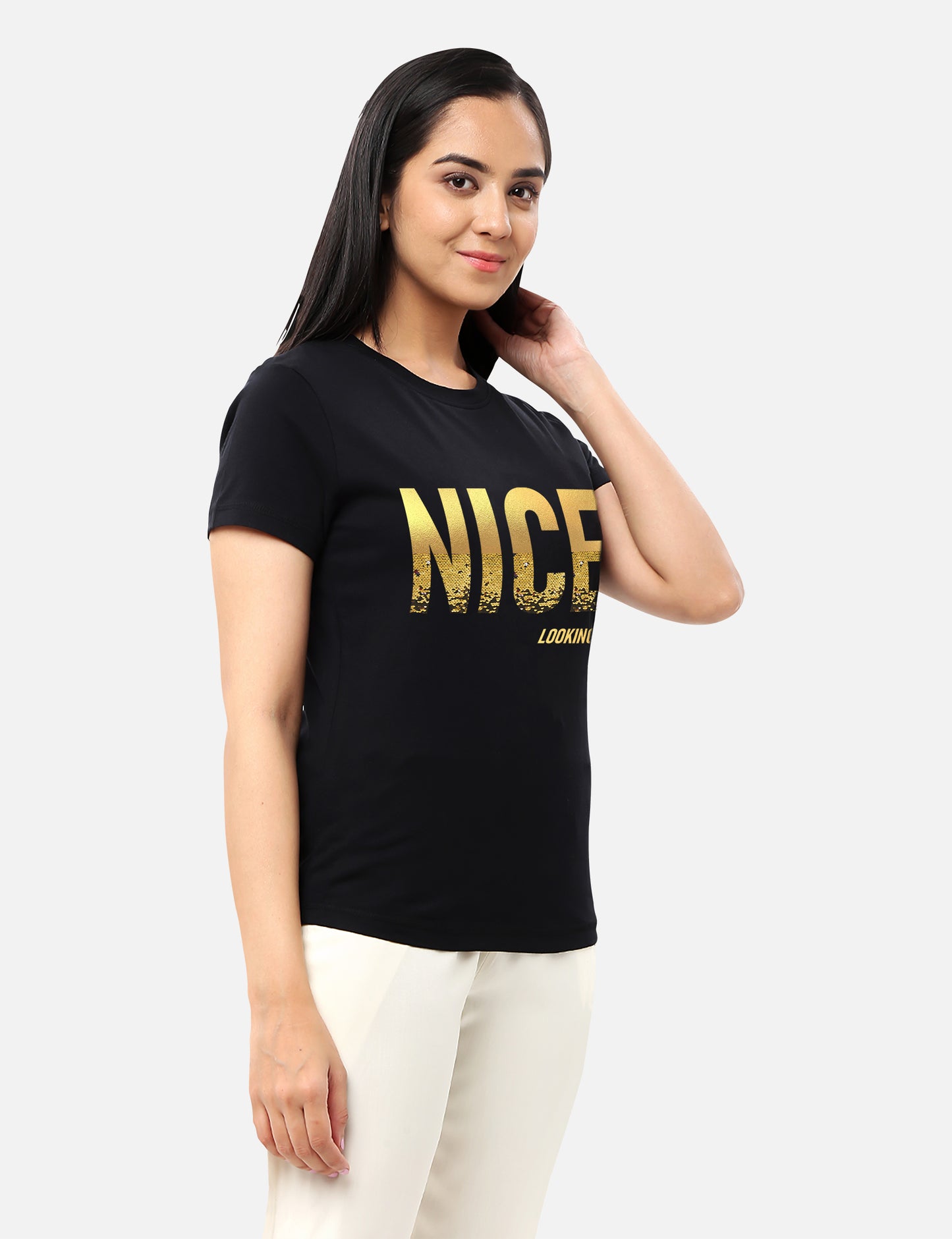 Casual womens aqua T-shirt adorned with a gold foil heart design, ideal for a fashionable and vibrant style, available online