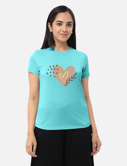 Casual womens aqua T-shirt adorned with a gold foil heart design, ideal for a fashionable and vibrant style, available online