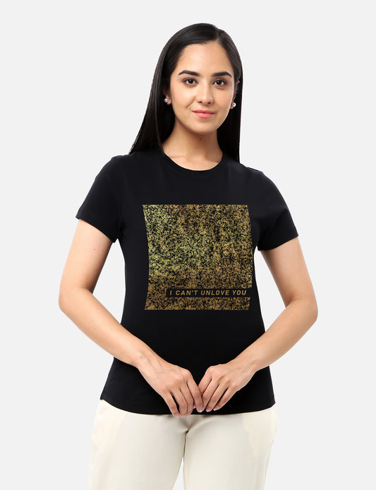 Casual womens aqua T-shirt adorned with a gold foil plash design, ideal for a fashionable and vibrant style, available online