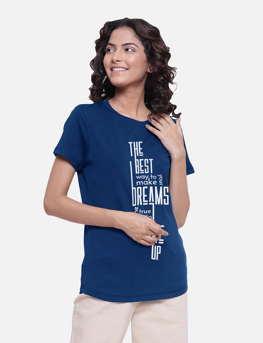 Casual womens blue T-shirt adorned with a positive quote, ideal for a fashionable and optimistic style, available online