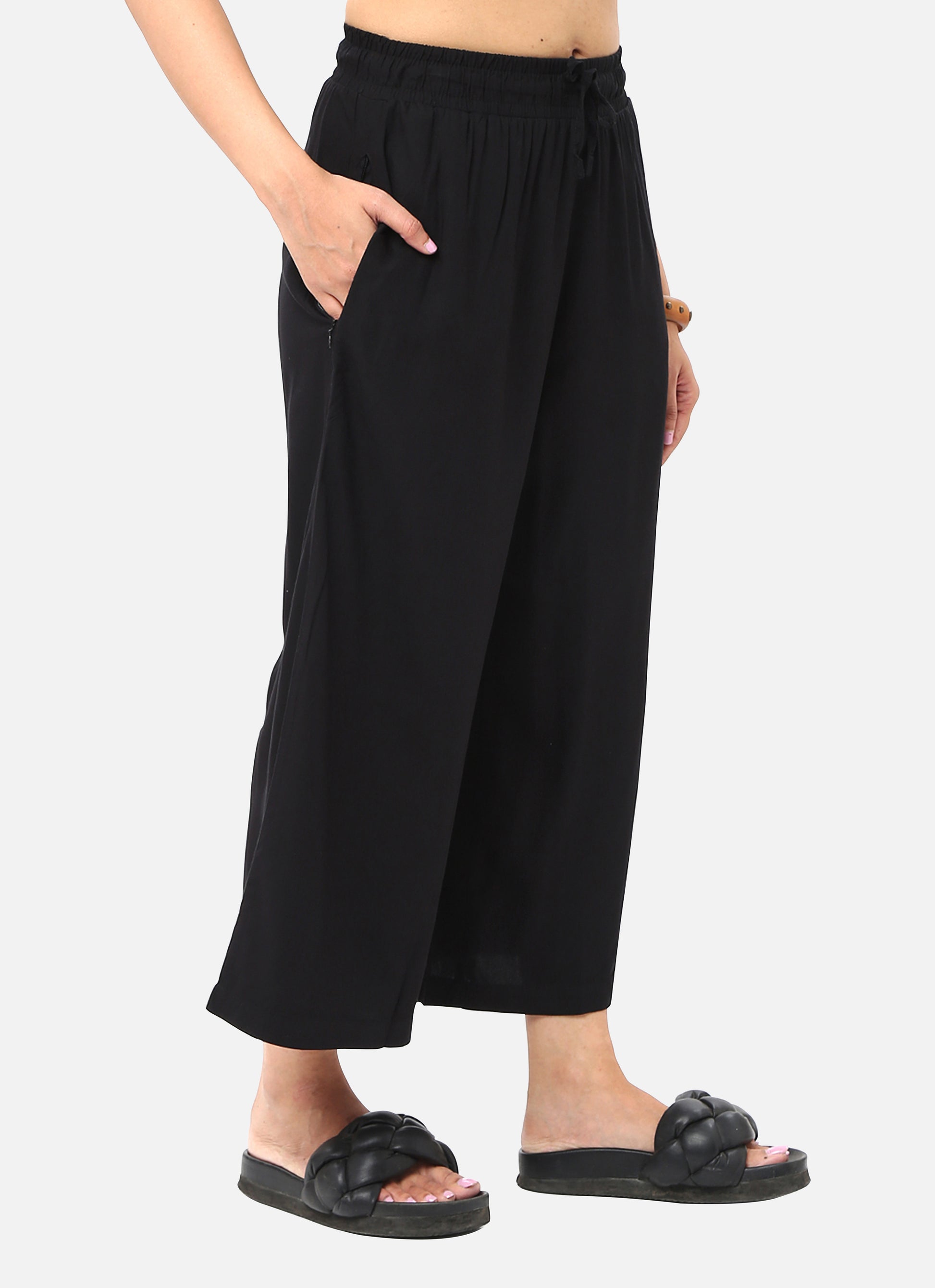 Women's bottom wear in deep black, designed for a chic and adaptable style, ideal for a range of occasions, available online