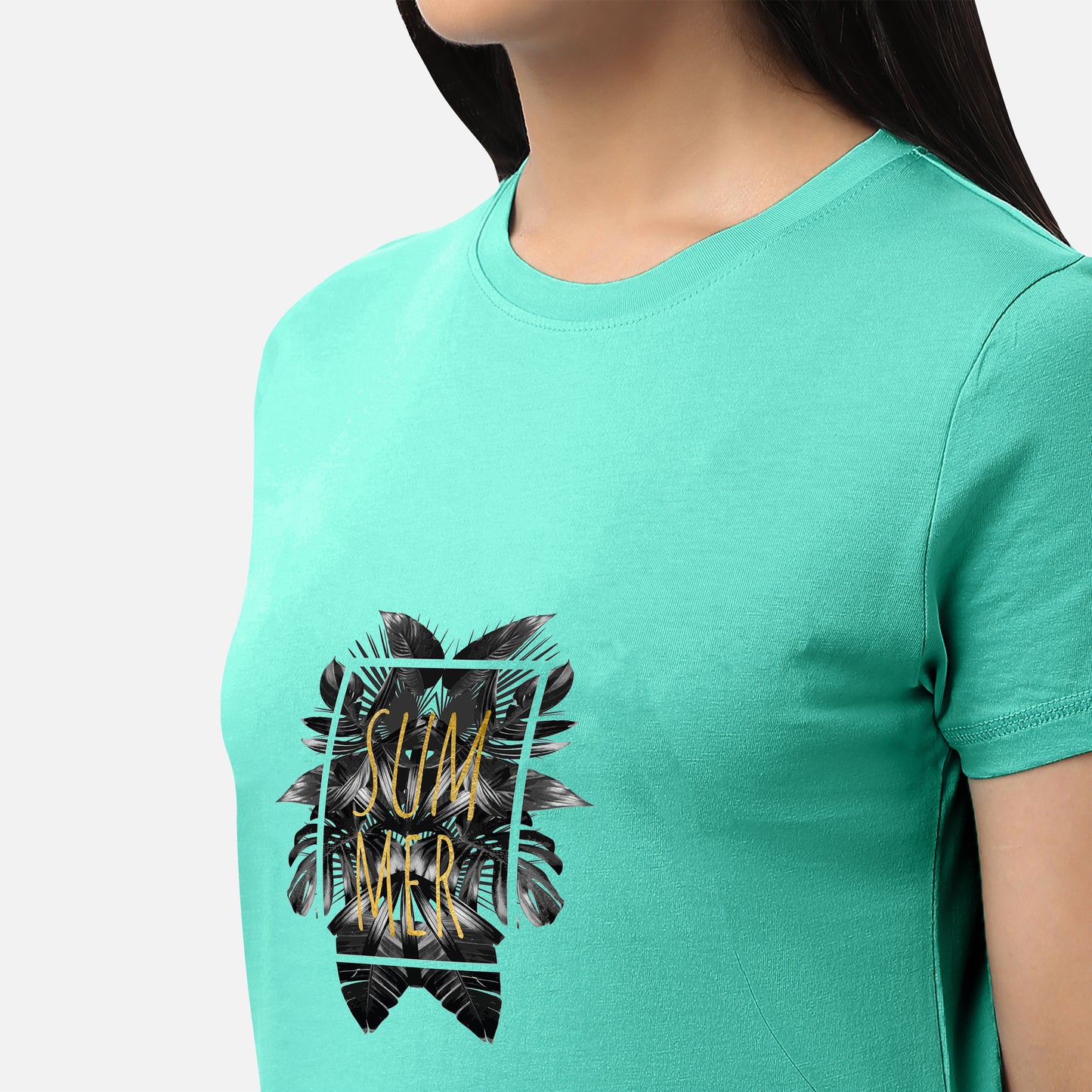 Graphic mid green T-shirt for women with summer tropical gold foil design, offering a standout and stylish look, available online