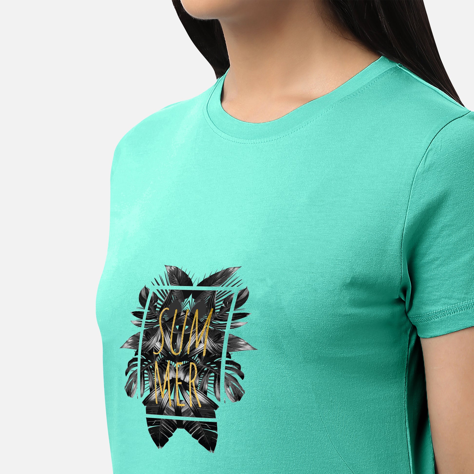 Graphic mid green T-shirt for women with summer tropical gold foil design, offering a standout and stylish look, available online