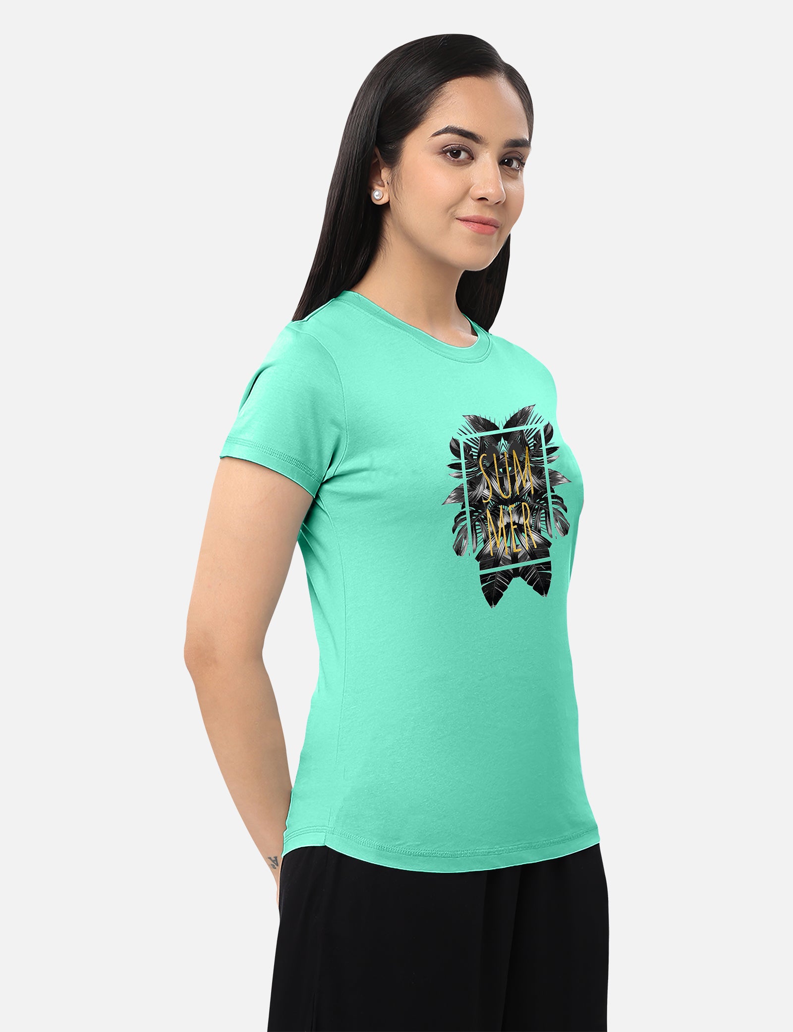 Graphic mid green T-shirt for women with summer tropical gold foil design, offering a standout and stylish look, available online