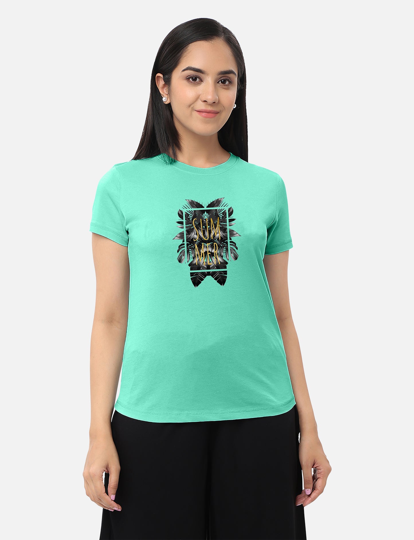Graphic mid green T-shirt for women with summer tropical gold foil design, offering a standout and stylish look, available online