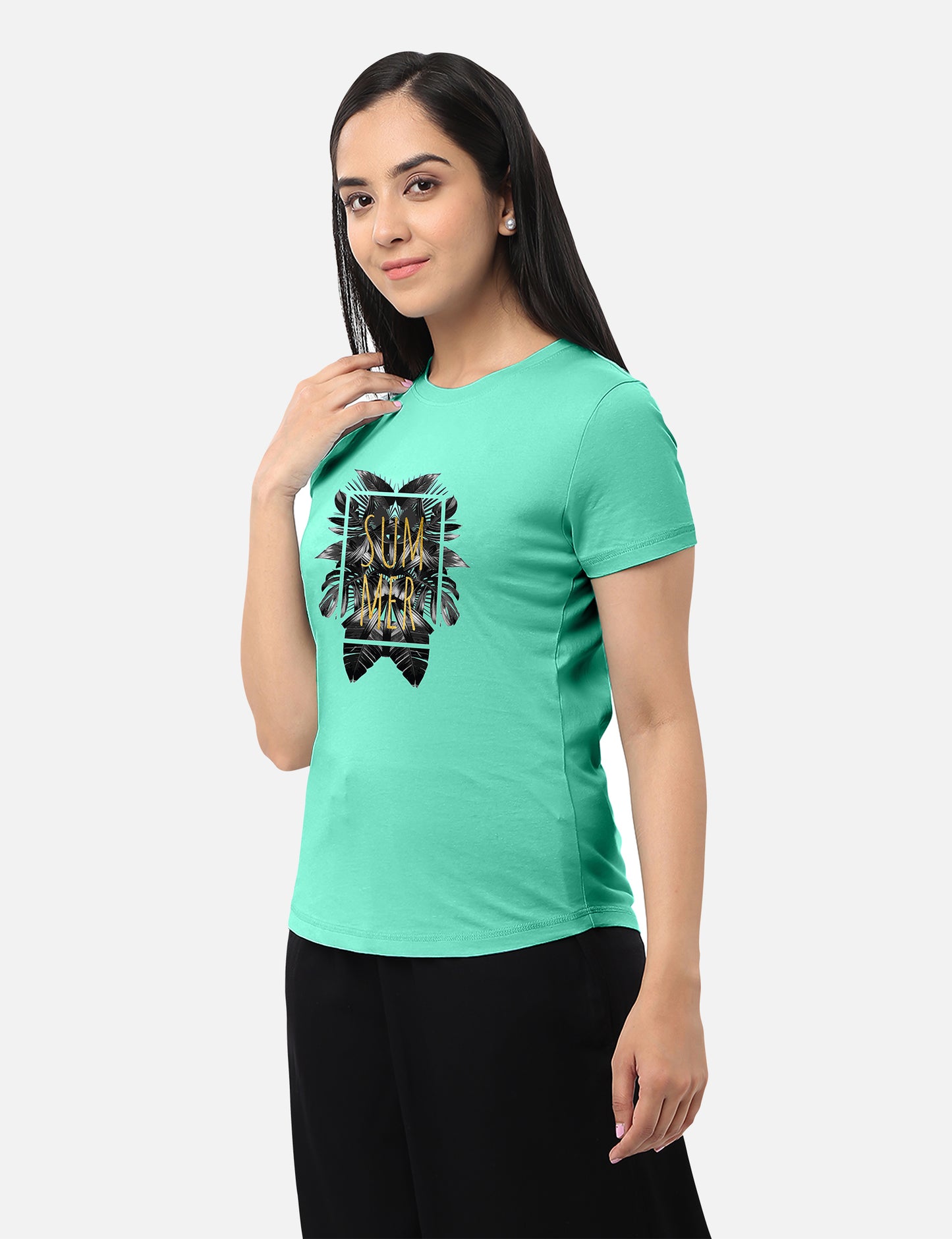 Graphic mid green T-shirt for women with summer tropical gold foil design, offering a standout and stylish look, available online