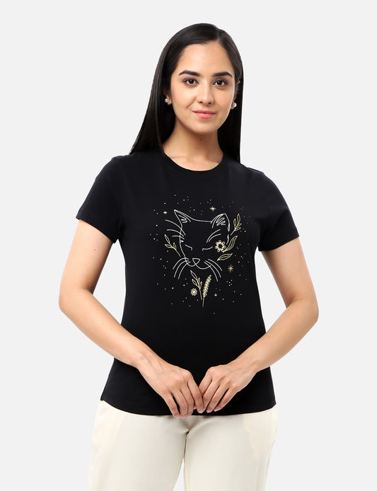 Sparkling Black Printed T-shirts for Women's Shopping Sites Shop Online
