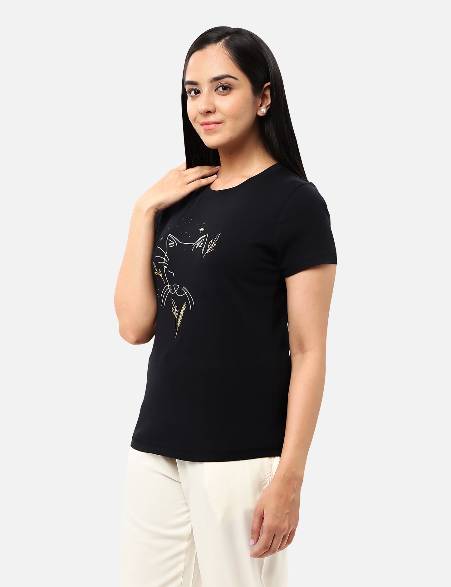 Sparkling Black Printed T-shirts for Women's Shopping Site