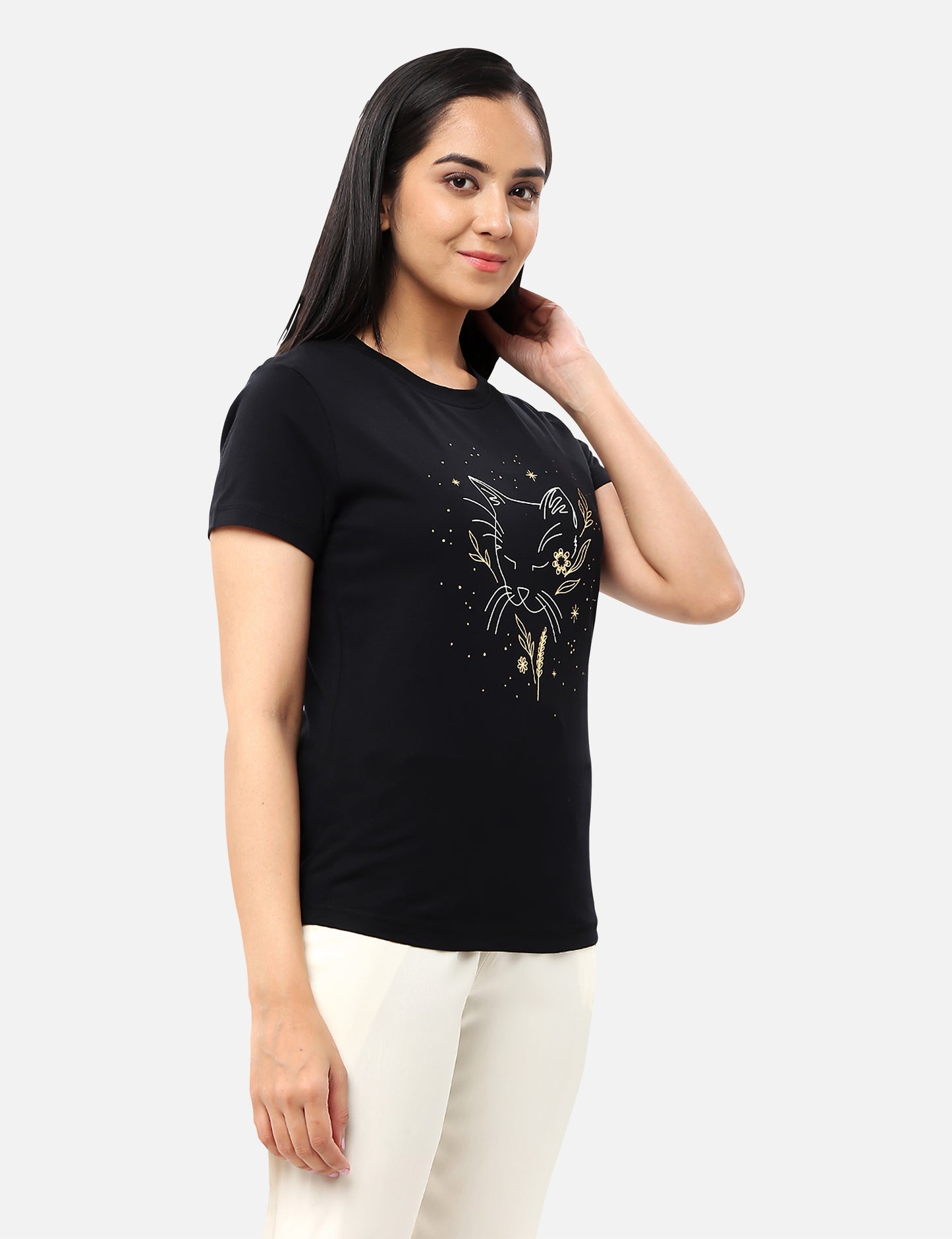 Sparkling Black Printed T-shirts for Women's Shopping Site
