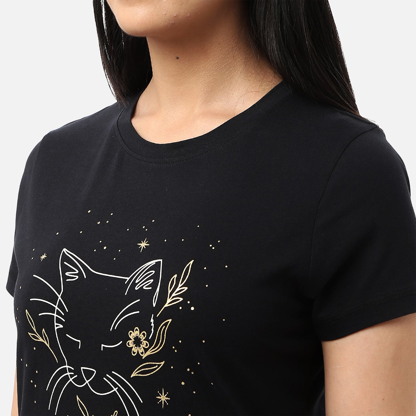 Sparkling Black Printed T-shirts for Women's Shopping Site