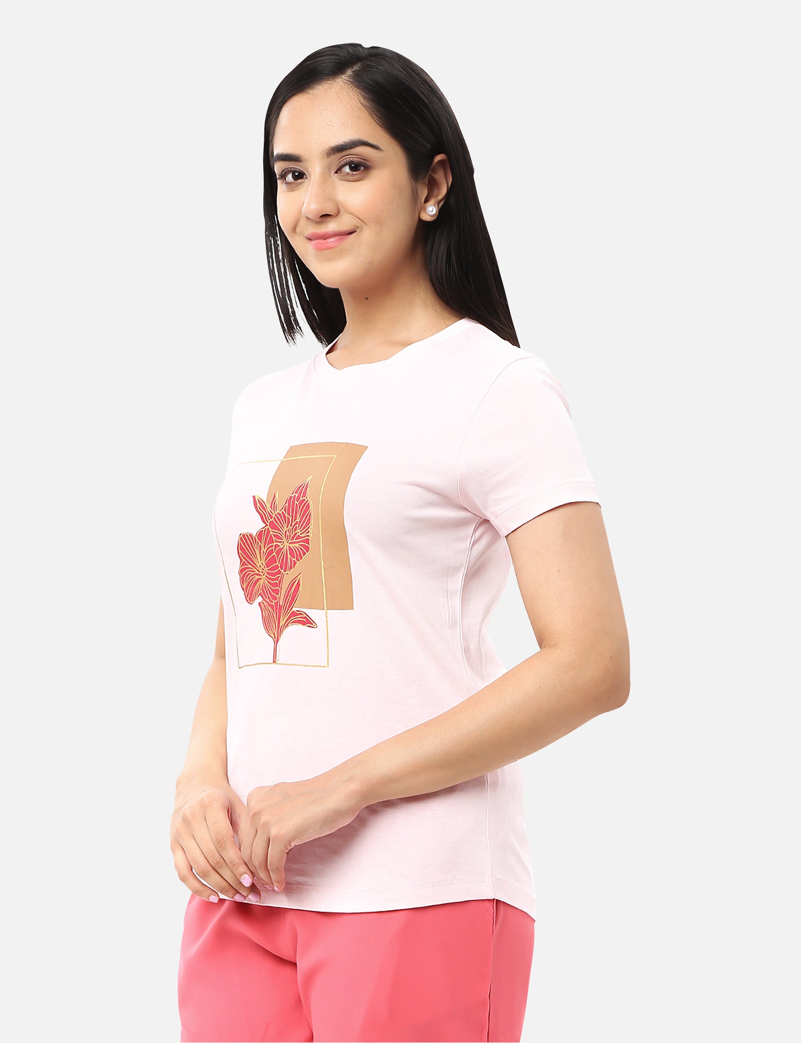 Stylish pink T-shirt for women with a gold foil message and red floral design, ideal for a unique and elegant look, available online