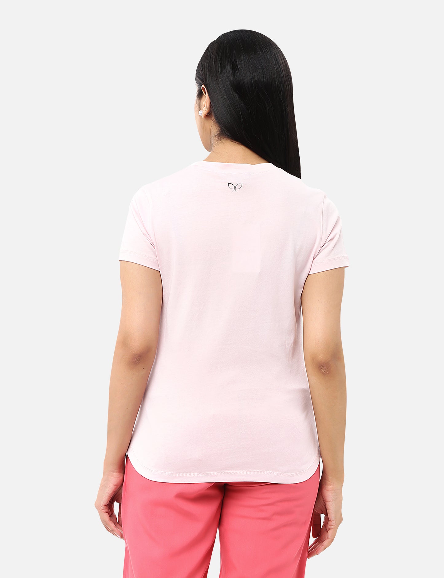 Stylish pink T-shirt for women with a gold foil message and red floral design, ideal for a unique and elegant look, available online