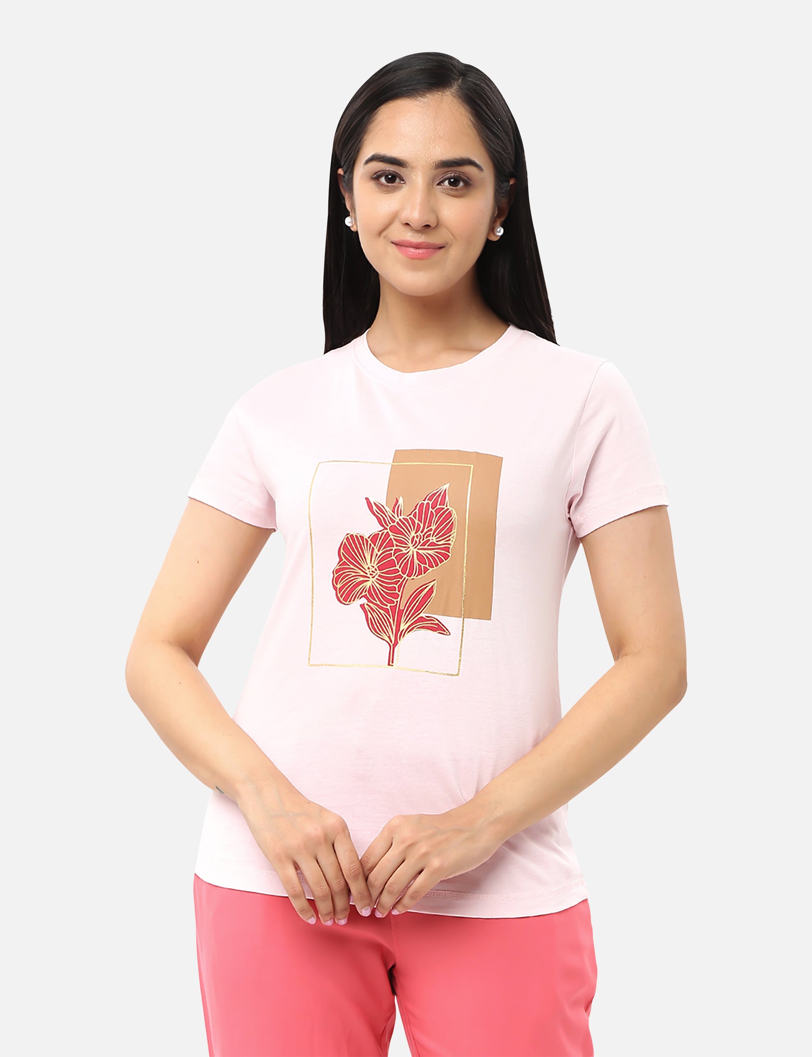 Stylish pink T-shirt for women with a gold foil message and red floral design, ideal for a unique and elegant look, available online