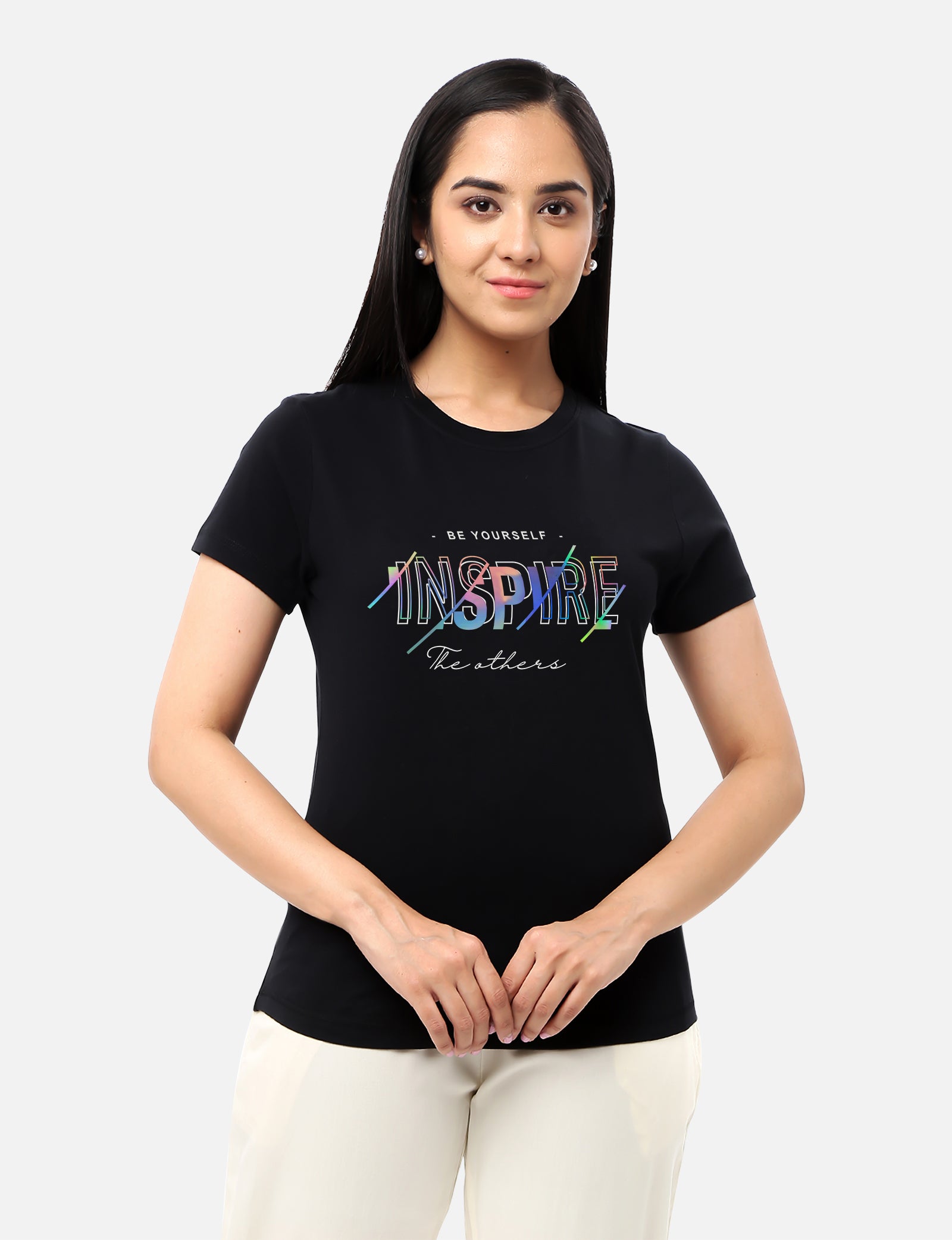 Womens black T-shirt with rainbow foil 'inspire' design, offering a bold and motivational look, available online