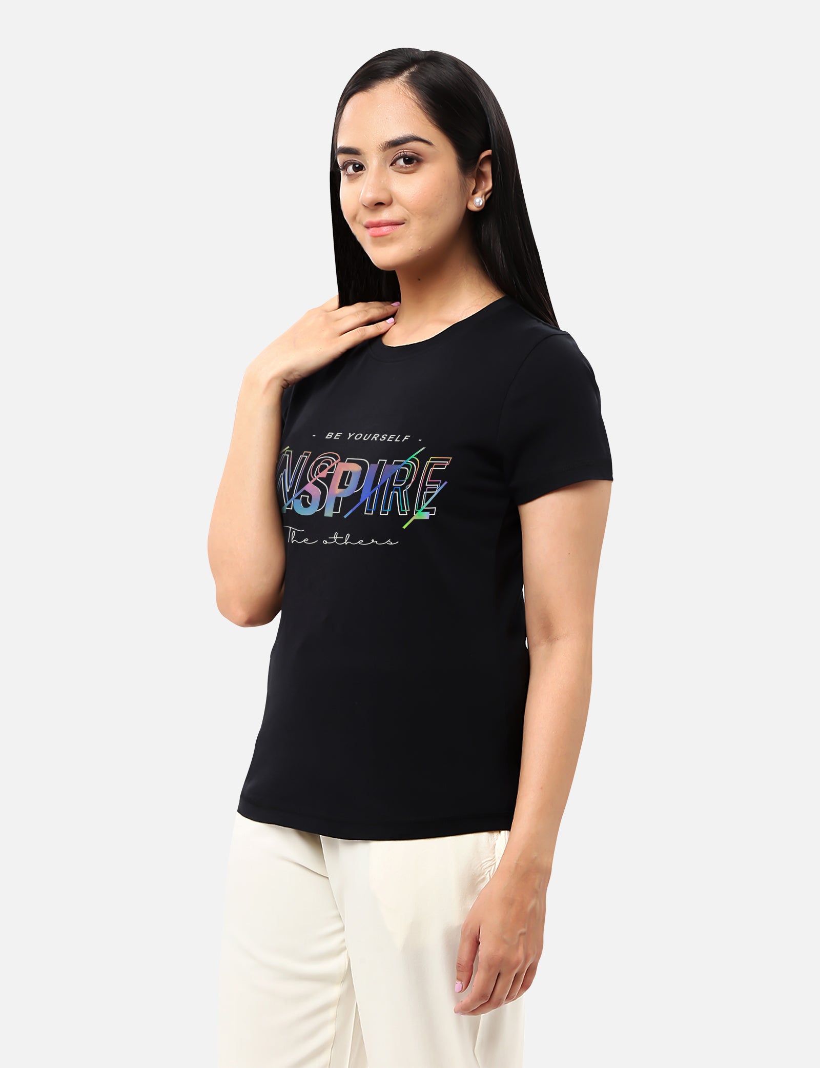 Womens black T-shirt with rainbow foil 'inspire' design, offering a bold and motivational look, available online