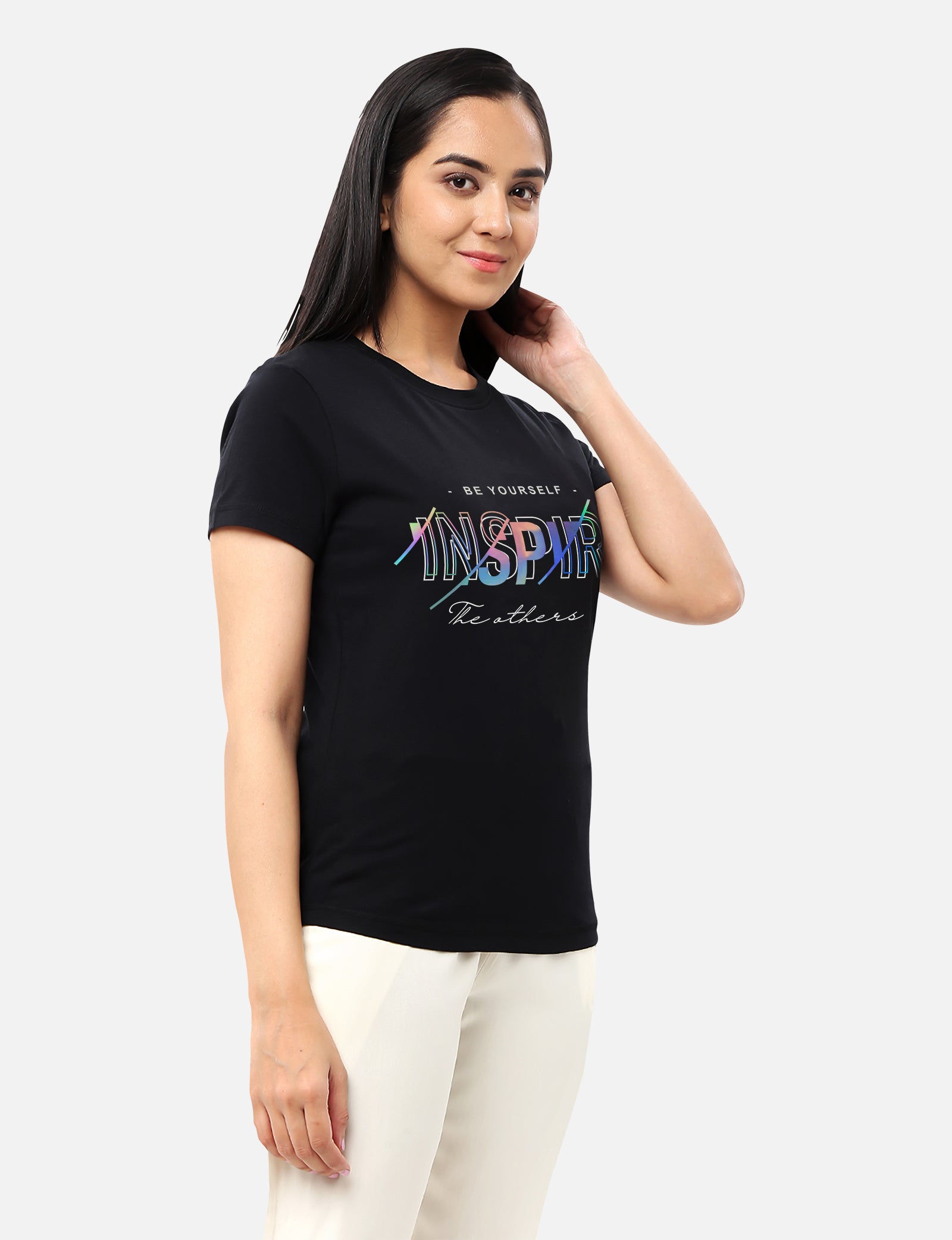 Womens black T-shirt with rainbow foil 'inspire' design, offering a bold and motivational look, available online