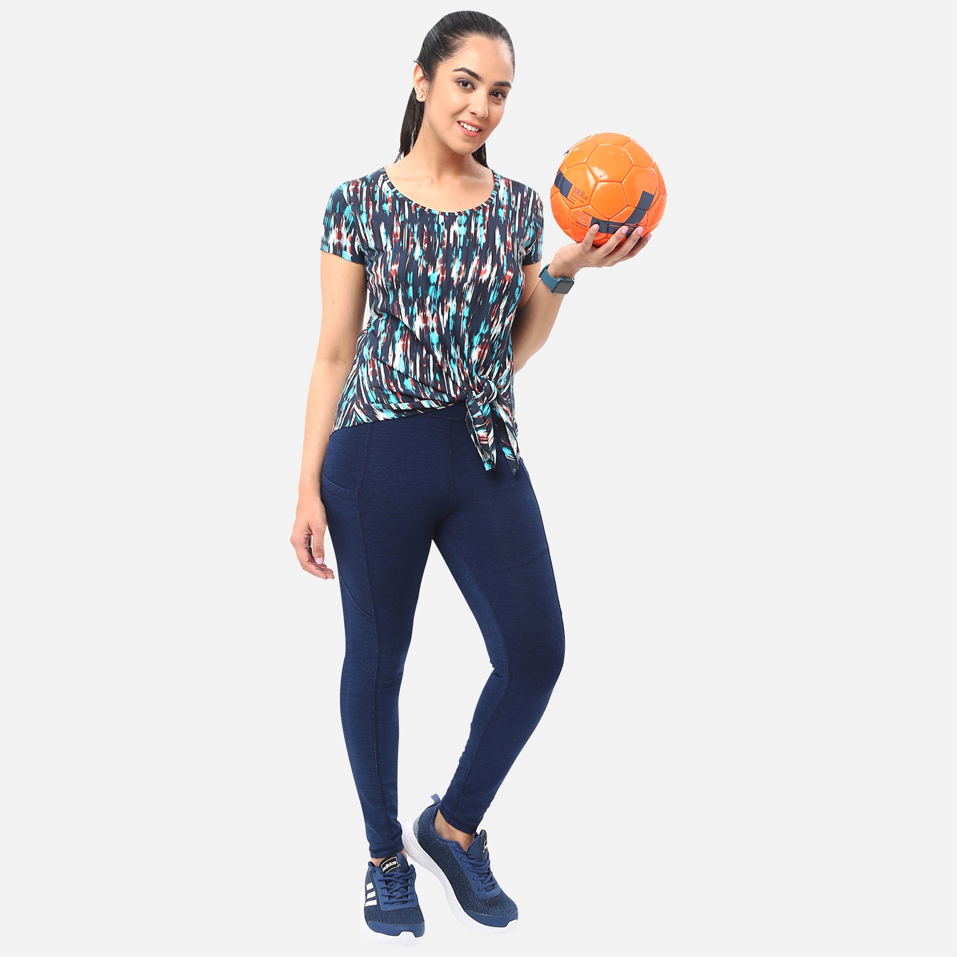 Womens knitted dark blue denim yoga jeggings with pockets, combining comfort with a chic and modern style, suitable for both exercise and casual wear, available online