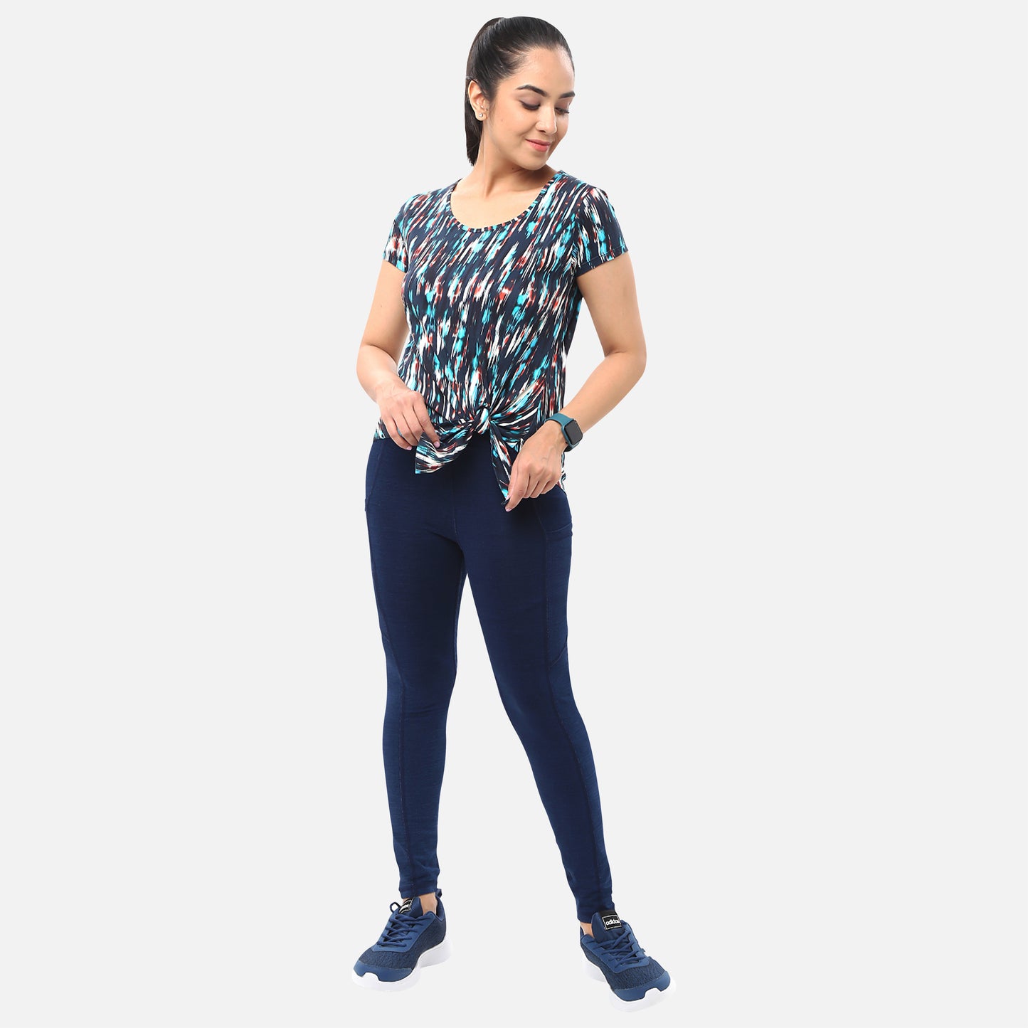 Womens knitted dark blue denim yoga jeggings with pockets, combining comfort with a chic and modern style, suitable for both exercise and casual wear, available online
