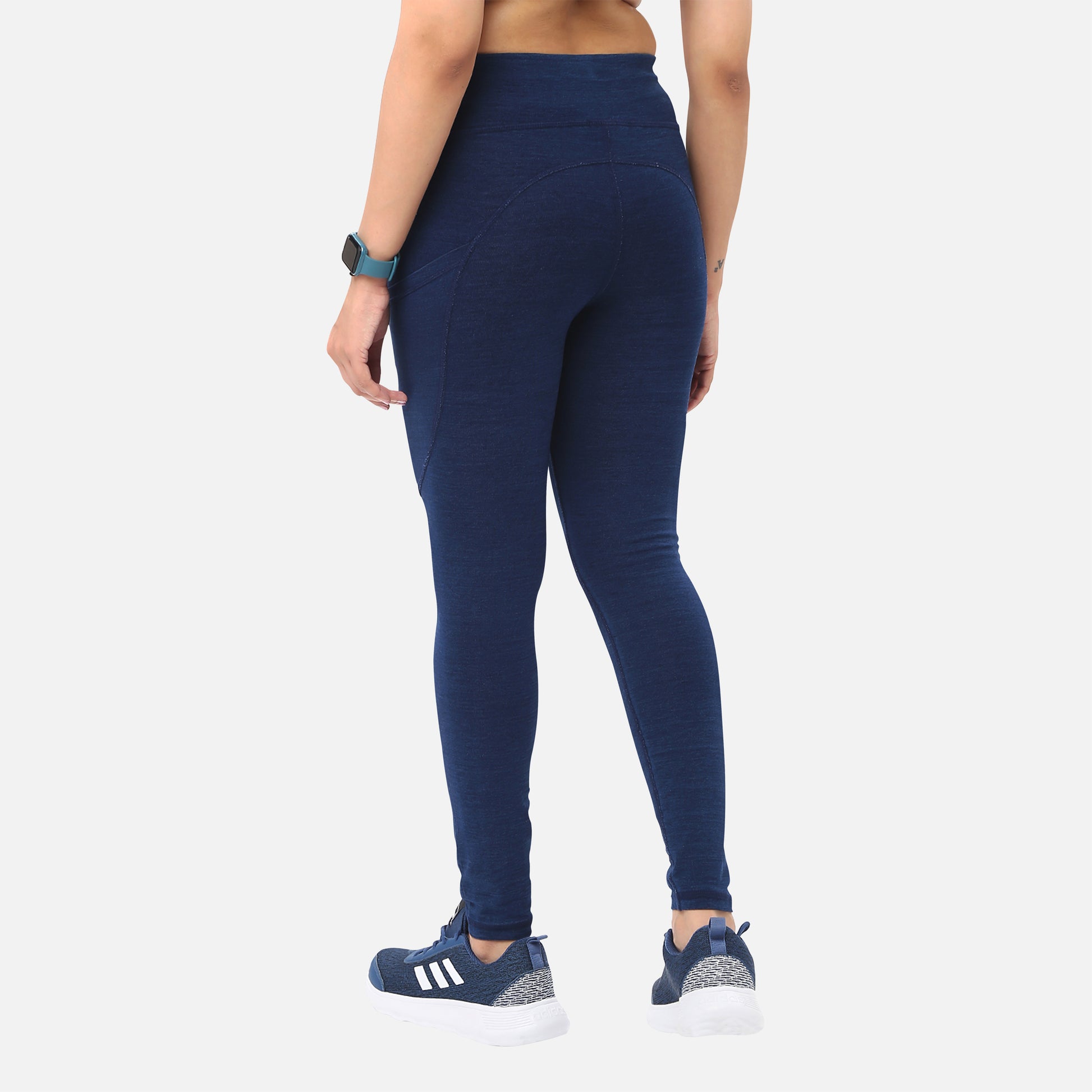 Womens knitted dark blue denim yoga jeggings with pockets, combining comfort with a chic and modern style, suitable for both exercise and casual wear, available online