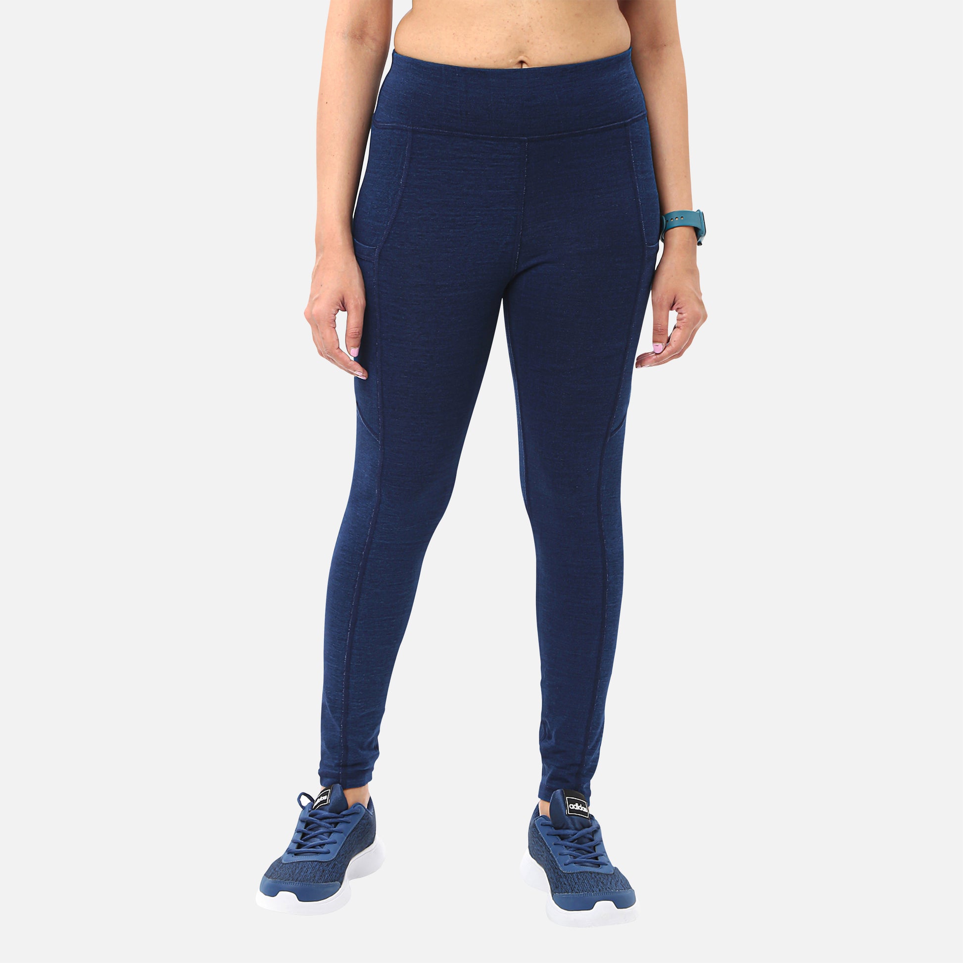 Womens knitted dark blue denim yoga jeggings with pockets, combining comfort with a chic and modern style, suitable for both exercise and casual wear, available online