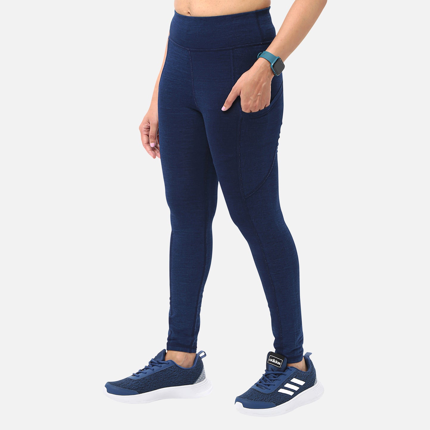 Womens knitted dark blue denim yoga jeggings with pockets, combining comfort with a chic and modern style, suitable for both exercise and casual wear, available online