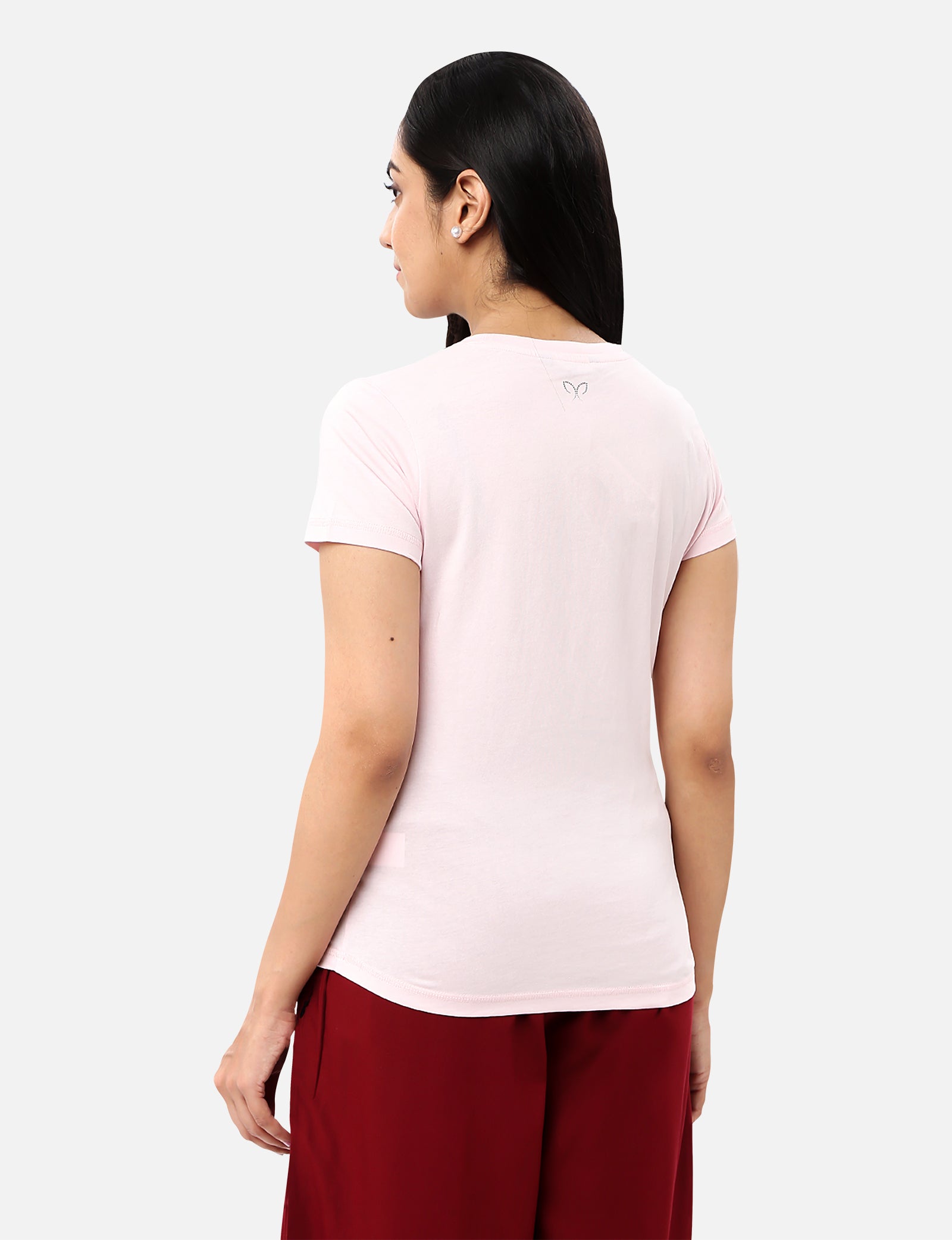 Womens light baby pink T-shirt featuring a glitter heart design, perfect for adding a touch of glamour to your wardrobe, available online