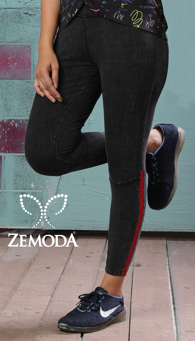Casual womens black denim jeggings with red tape, perfect for adding a touch of unique style to your wardrobe, available online