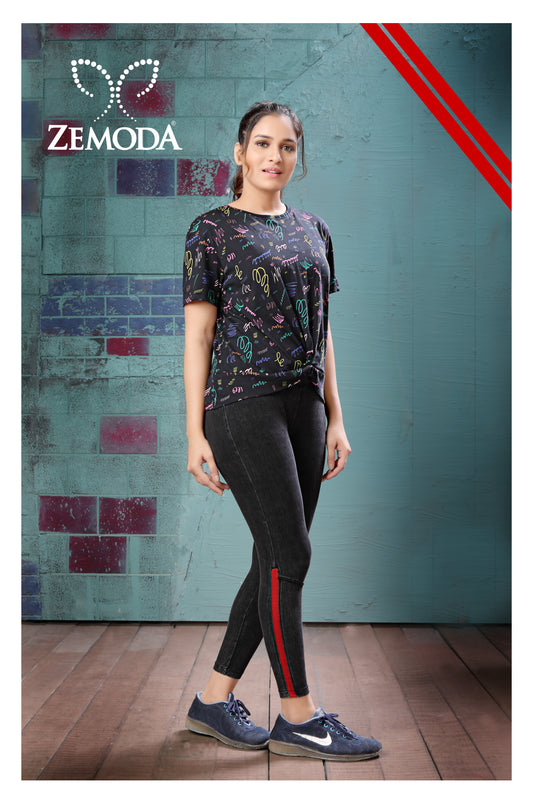 Casual womens black denim jeggings with red tape, perfect for adding a touch of unique style to your wardrobe, available online