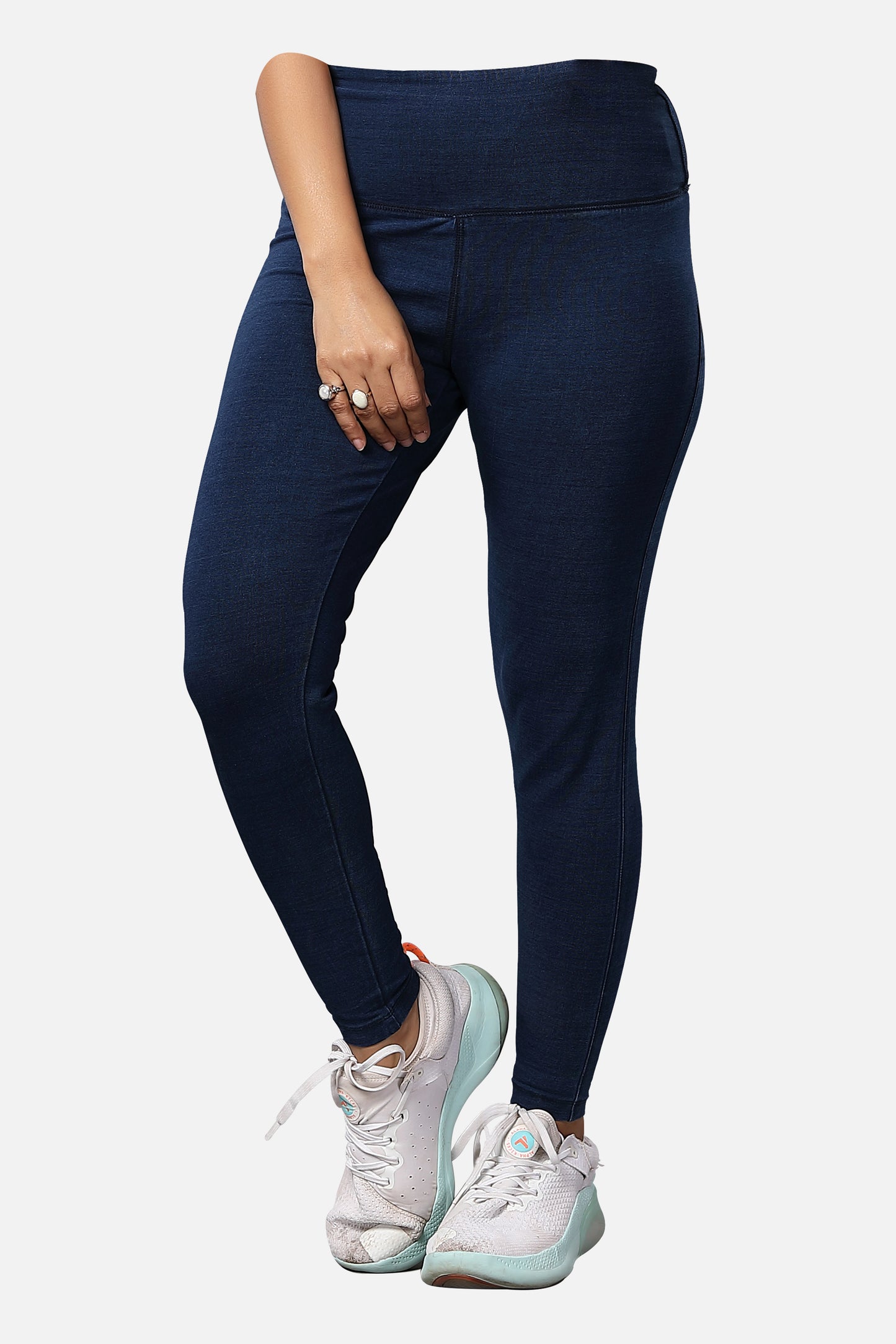 Shop womens knitted dark blue denim jeggings, featuring a trendy design and a flattering fit, ideal for everyday fashion, available online