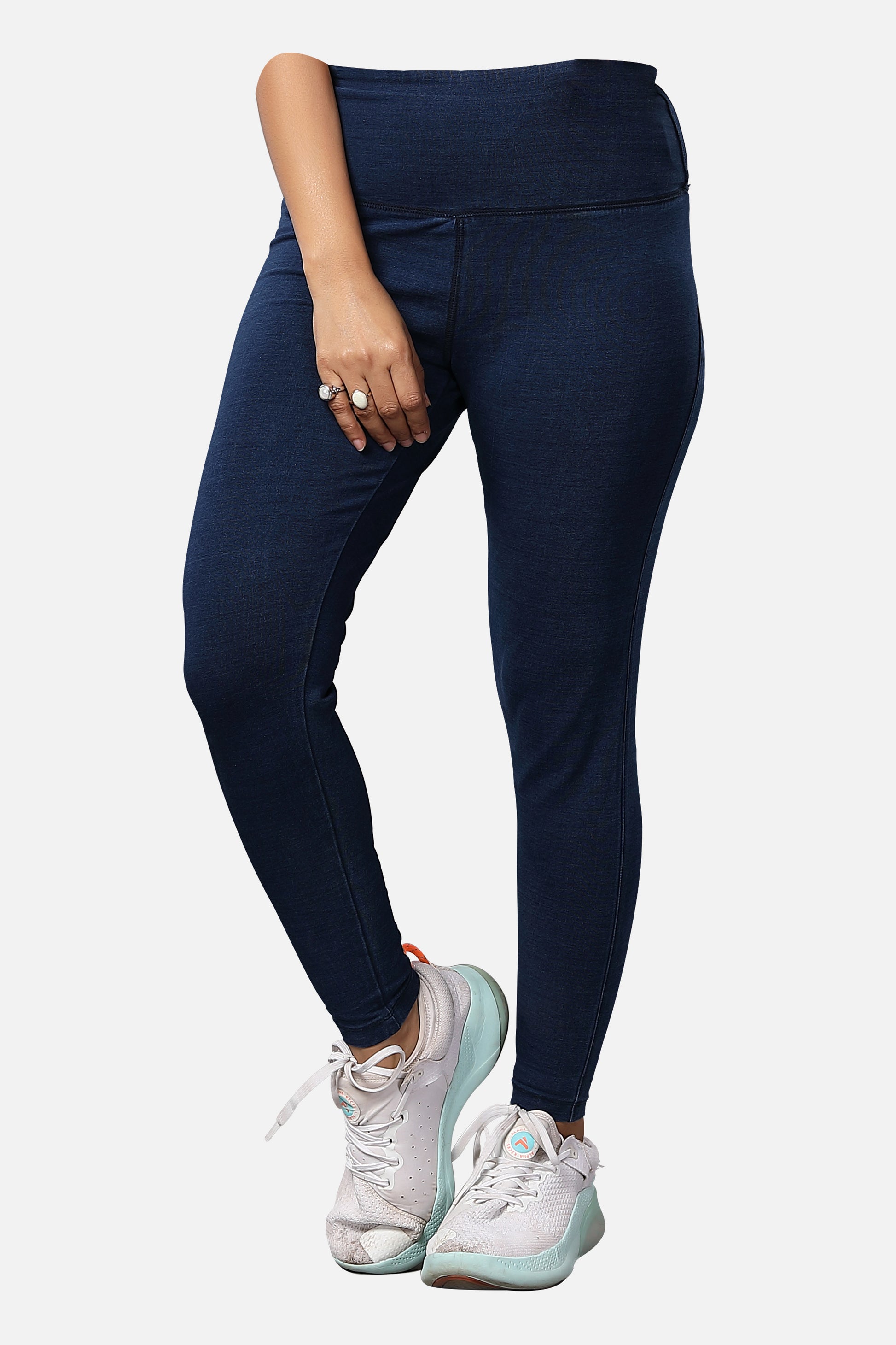 Shop womens knitted dark blue denim jeggings, featuring a trendy design and a flattering fit, ideal for everyday fashion, available online