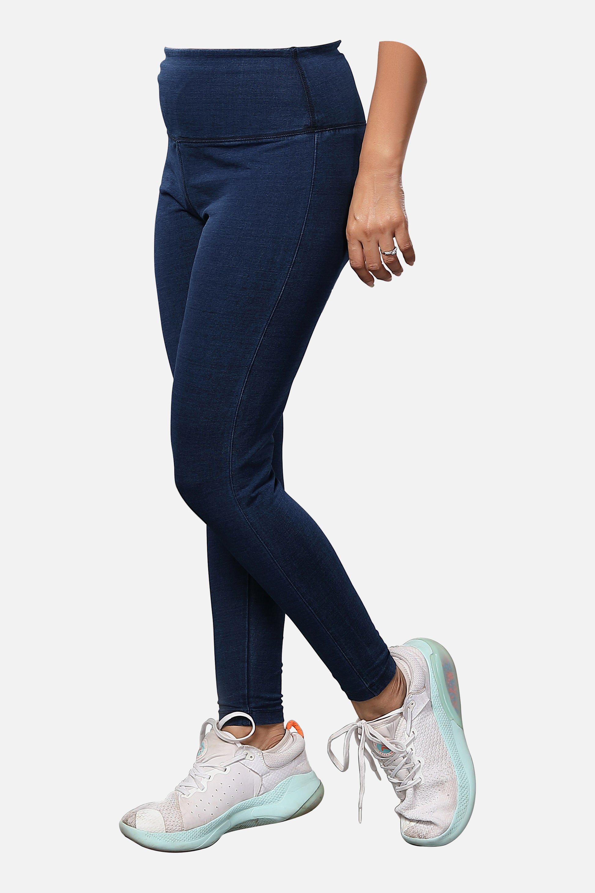 Shop womens knitted dark blue denim jeggings, featuring a trendy design and a flattering fit, ideal for everyday fashion, available online