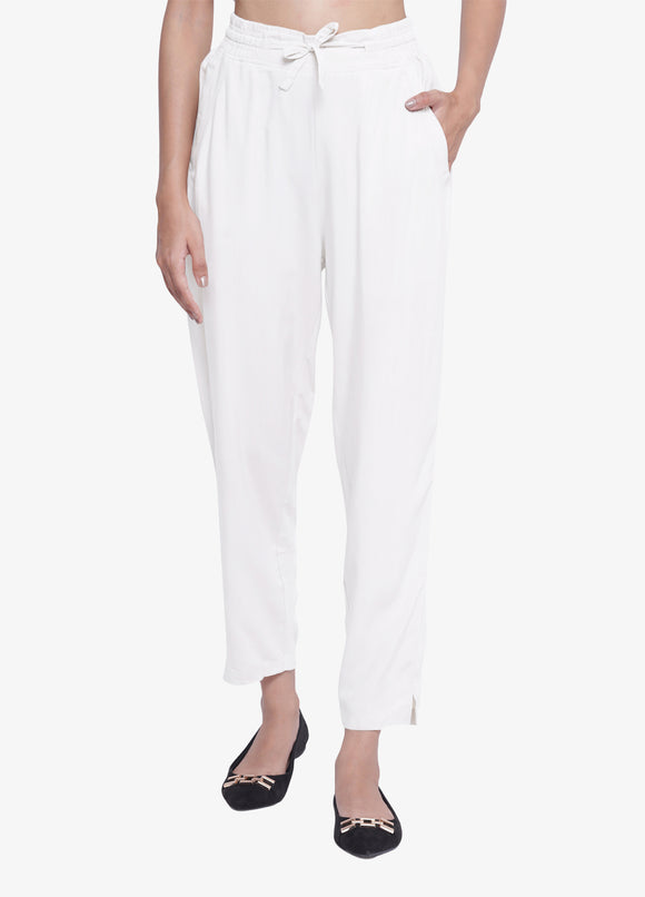 All white striped linen flat-front lightweight Cigarette Pants | Sumissura